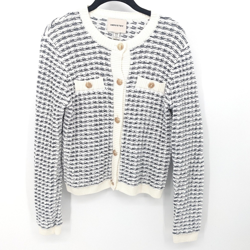 Industry Cardigan Women Medium Cream Blue Textured Gold Button Old Money Sweater